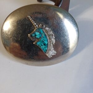 Unicorn Belt Buckle Native American Zuni Style Faux Turquoise Inlay Vintage 70s